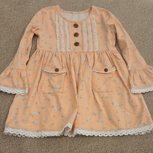 Peach Floral Lace-Trim Girls' Casual Dress